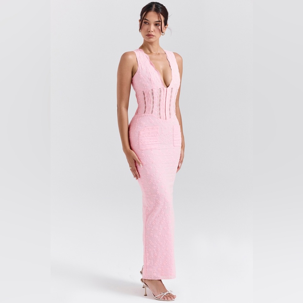 House of CB Sophina Pink Broderie Plunge V Neck Corset Maxi Dress (Size Medium)